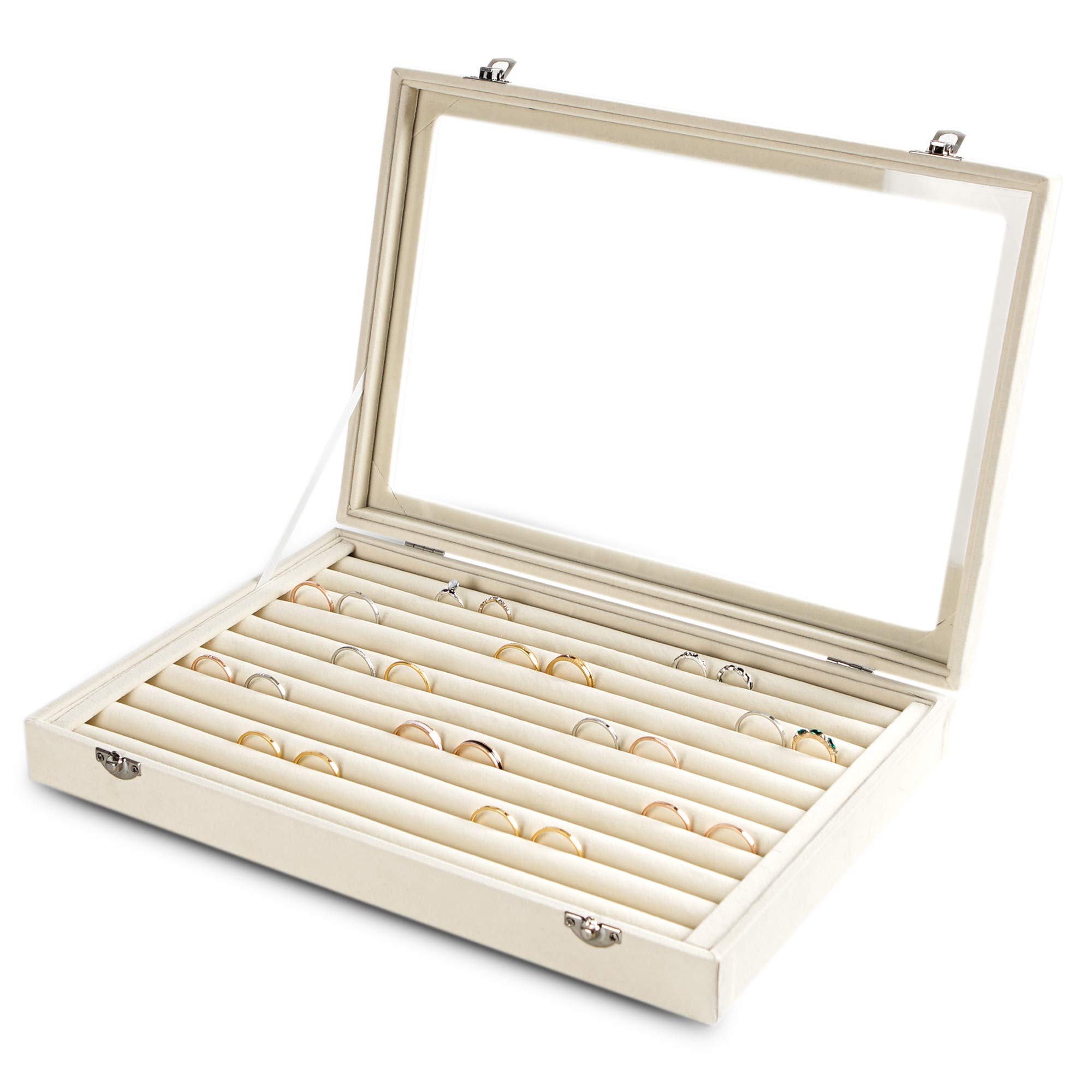 Frebeauty Frebeauty Rings/Earrings Organizer Tray with Clear Lid 10 Slots Velvet Drawer Insert Jewelry Storage box with Glass lid Jewelry Display Case Showcase Gift for Girls Women (Beige, 10 Slots)