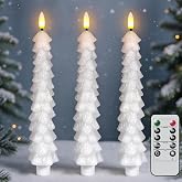 White Christmas Tree Flameless Taper Candles Battery Operated Remote Timer | Real Wax 3D Wick Flicker Flame, LED Tree Candlesticks, 2/4/6/8H Timer, Christmas Holiday Home Decor, 0.78&times;9.8in, 3 pack