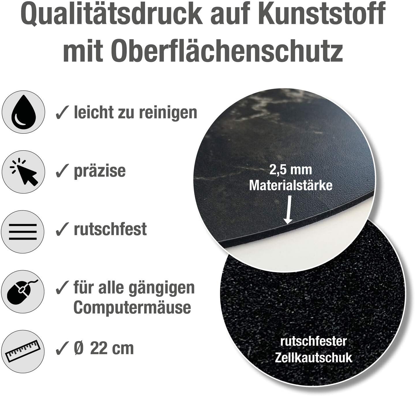 Mouse Mat I Diameter 22 cm Round I Mouse Mat Standard Size Non-Slip diameter 22 cm Marble white - Image 4