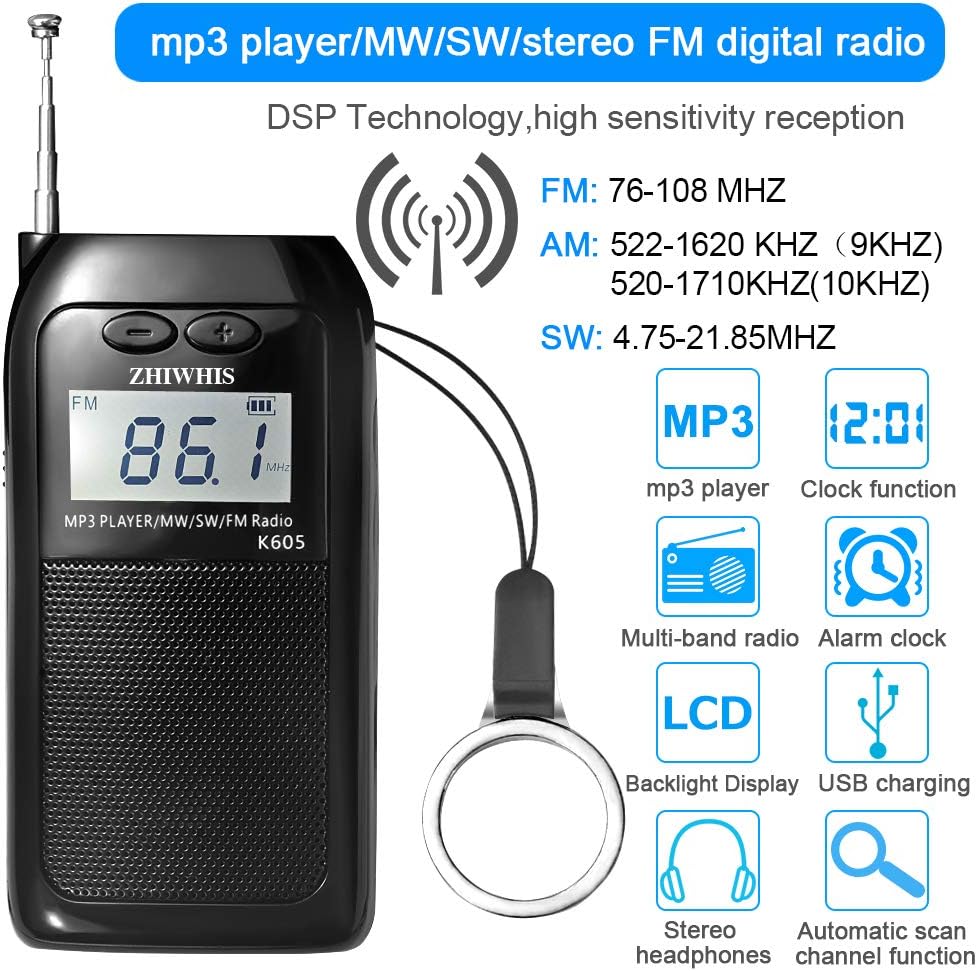 ZHIWHIS Portable Radio,FM AM SW Transistor Radio Stereo LCD Digital Display Pocket Walkmen Radio MP3 WAV Player Support TF Card Rechargeable with Shutdown Memory: Home Audio & Theater