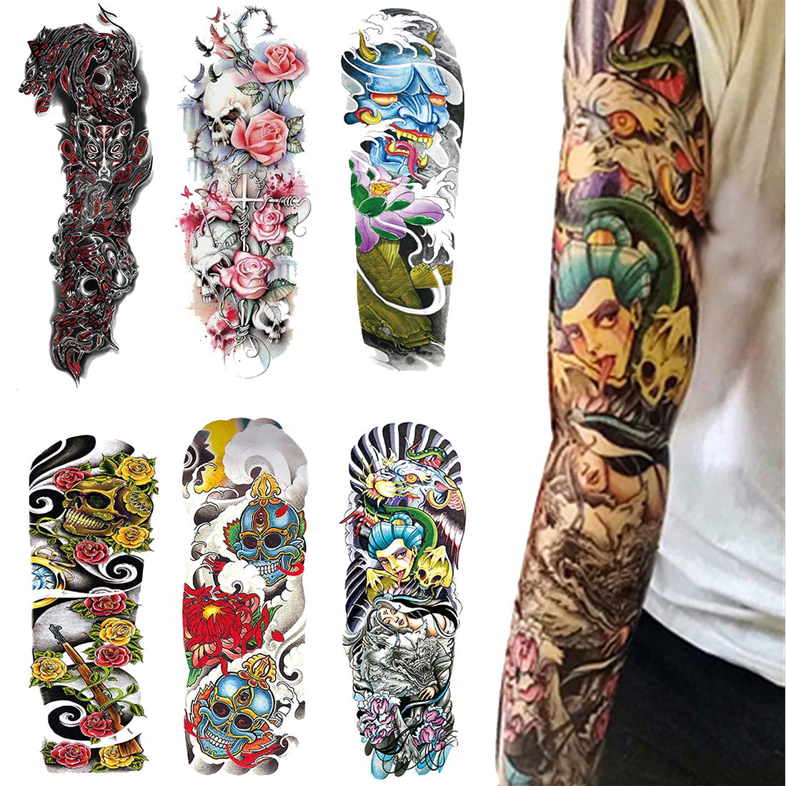 Full Arm Temporary Tattoos Extra Large Fake Tattoos For Men and Women Body Art Adult Waterproof Stickers (Pack of 6) (1)