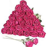 LPREUTWN 30pcs Silk Roses Artificial Flowers Hot Pink Fake Rose with Long Stem for Arrangement Wedding Party Home Decoration