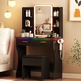 Vanity Desk with LED Lights Mirror &amp; Power Outlet, Small Makeup Vanity Table Set with Storage Drawers &amp; Chair, 3 Lighting Modes &amp; Adjustable Brightness, Dressing Table for Women Girls Bedroom, Black