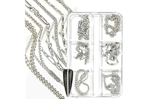 JERCLITY Antique Silver Alloy Metal Nail Art Chains - 1 Box 6 Strips Punk Charms Studs Accessories for Women