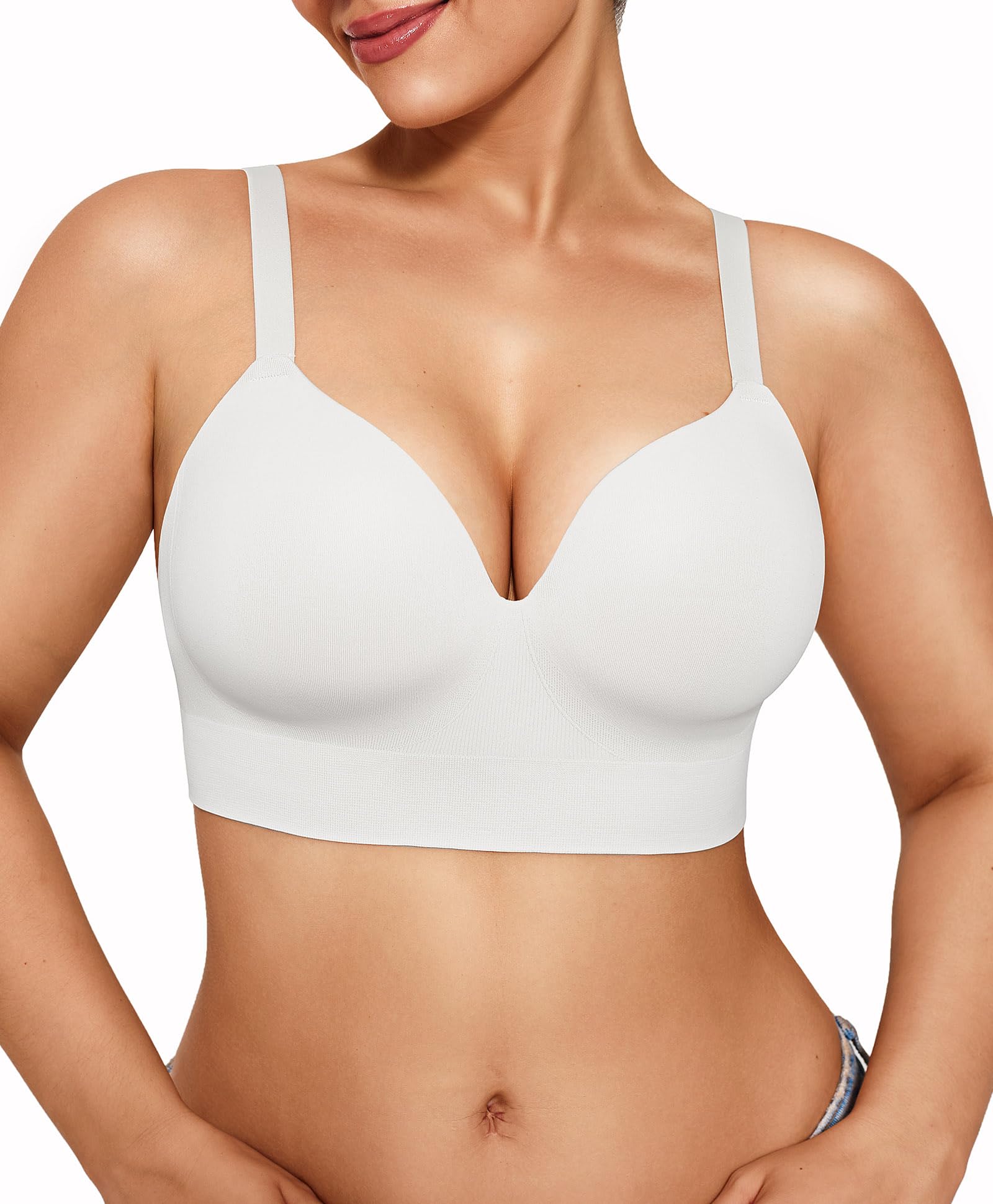 Photo 1 of Popilush Bras for Women No Underwire Supportive Push Up Bralettes Wireless Full Coverage Plus Size T-Shirt Bra (34B-DD) White