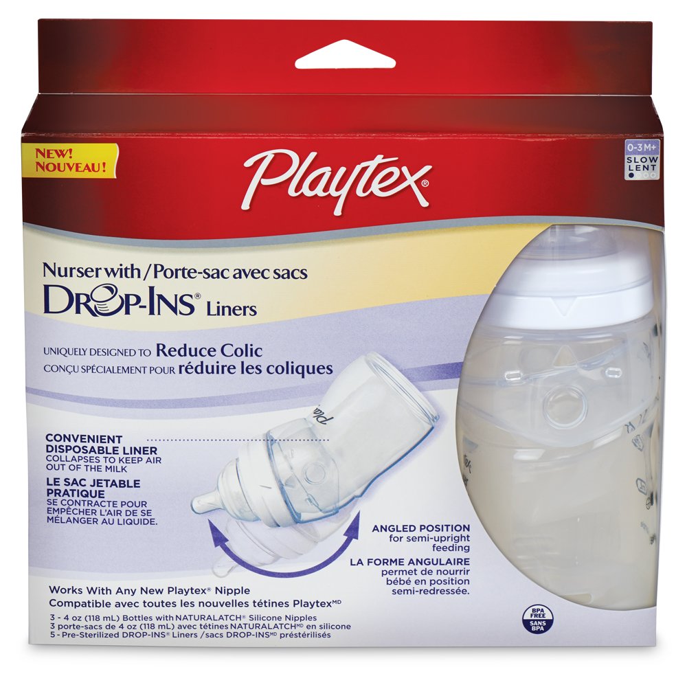 Playtex Baby Nurser Bottle with Pre-Sterilized Disposable Drop-Ins Liners, Closer to Breastfeeding, 4 Ounce Bottles, 3 Count : Baby