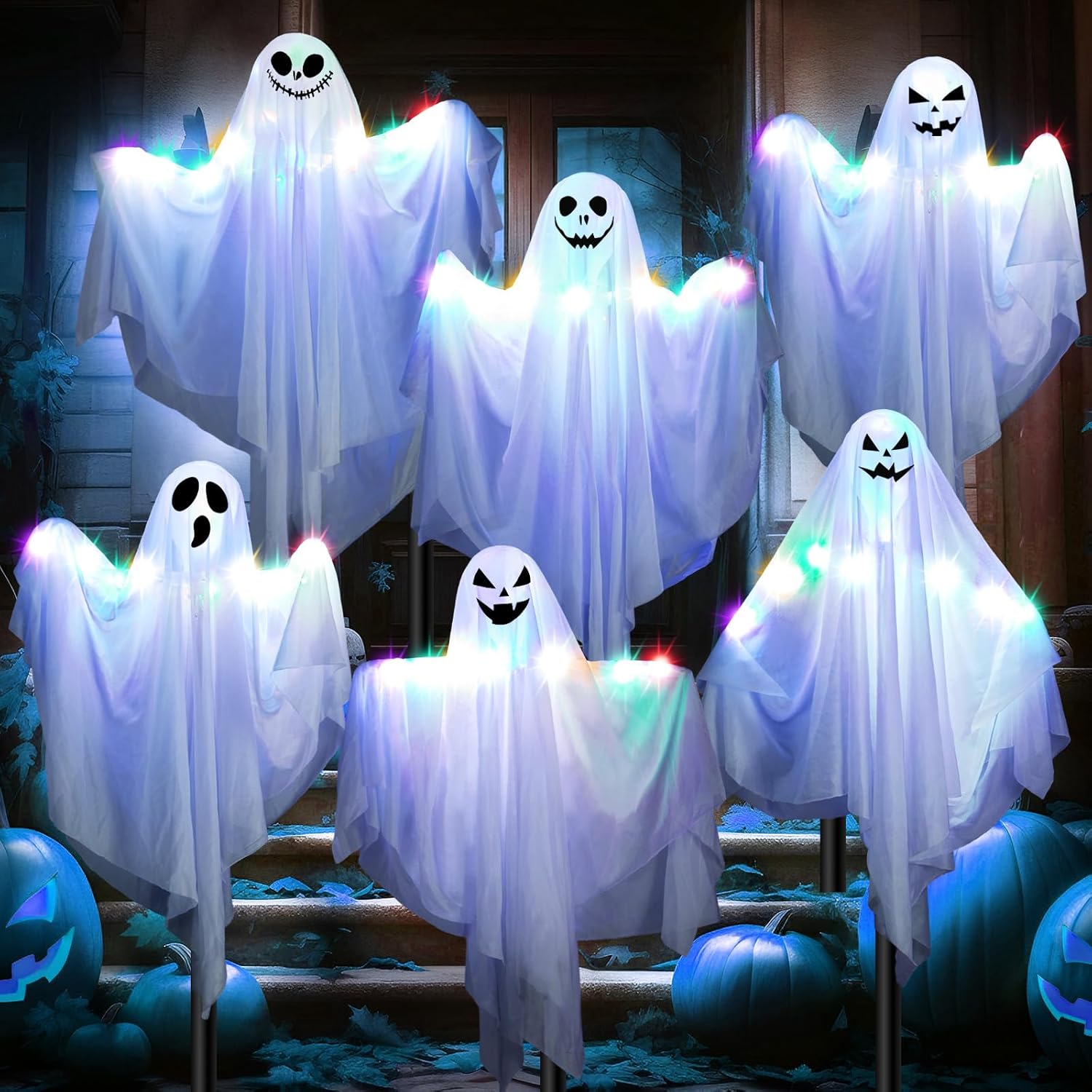 Decorative Garden Stakes - Liliful 6 Pcs Halloween Ghost Yard Stakes with Light up 24 Inch Multicolored LED White Ghost Stakes Outdoor Ghost Decorations Decorative Garden Stakes for Indoor Holiday Party, Lawn, Patio, Yard