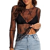 WIHOLL Womens Mesh Sheer Tops Sexy Crew Neck Summer Loose FIt Party Clubwear Shirts