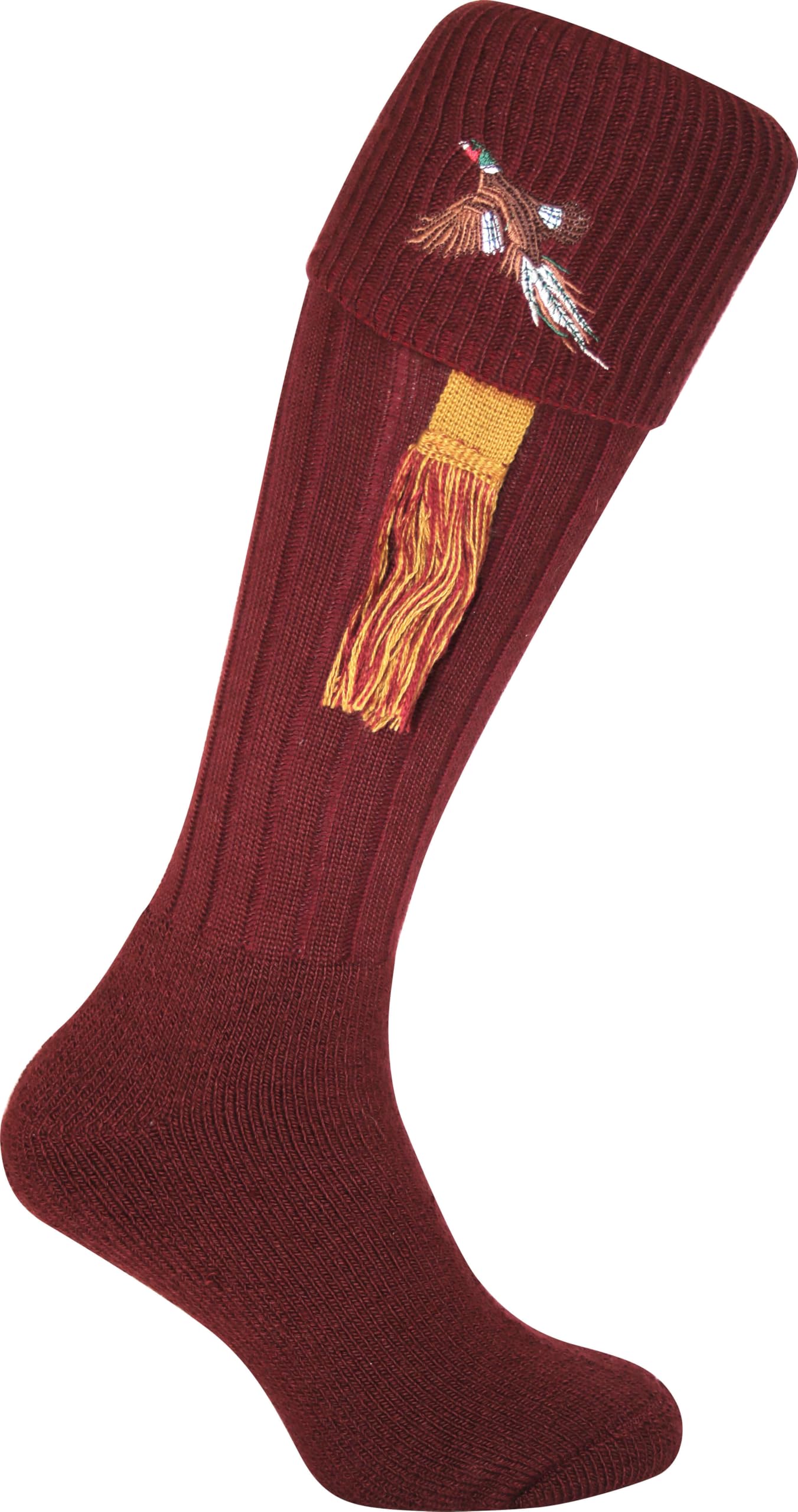 JACK PYKE Pheasant Embroidered Wool Mix Shooting Socks with Garters Burgundy 8 to 11 UK
