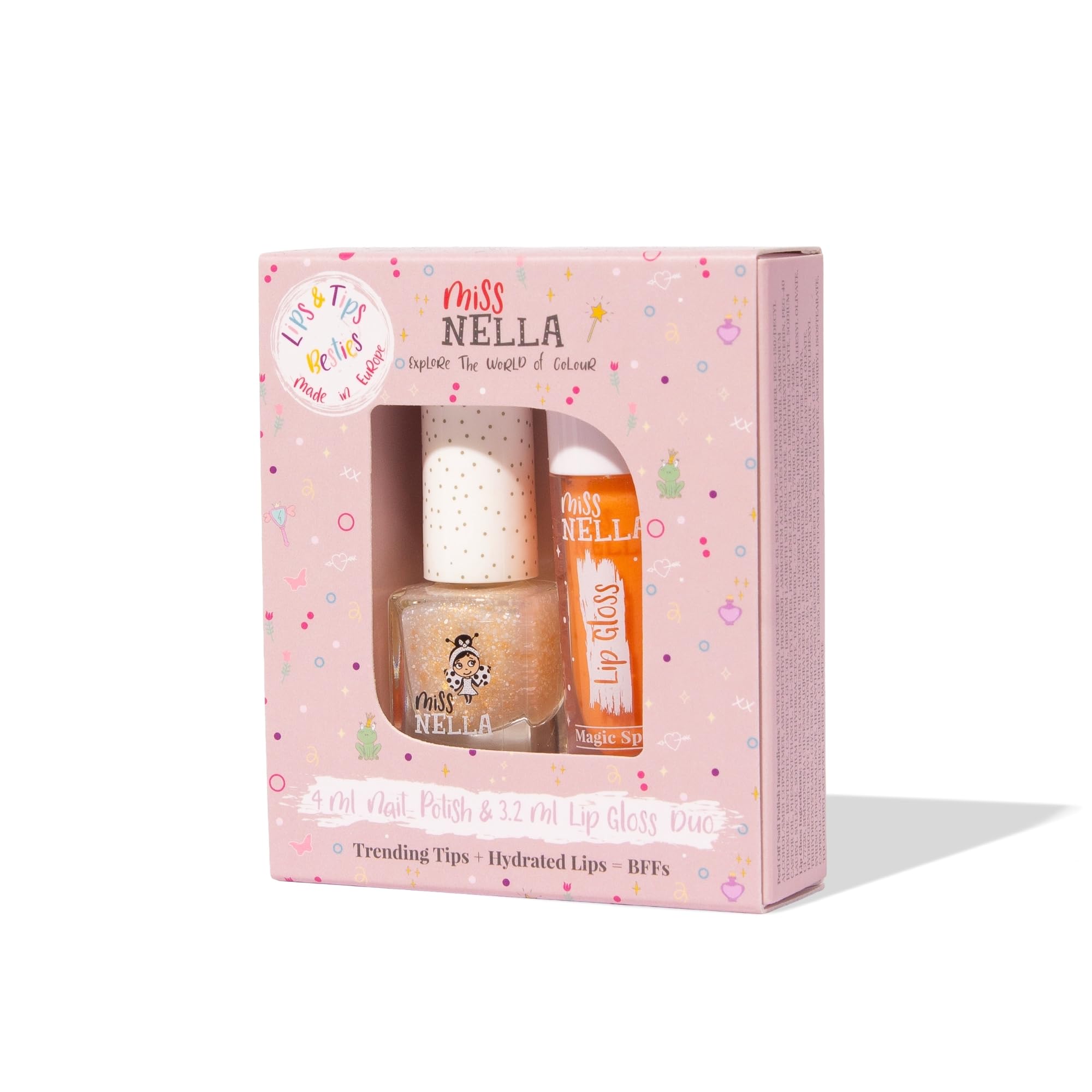 Miss Nella Magic Spell Lips & Tips duo- Scented Lip Gloss + Glitter Nail Polish for Kids with Peel-off, Water Based & Odour Free Formula