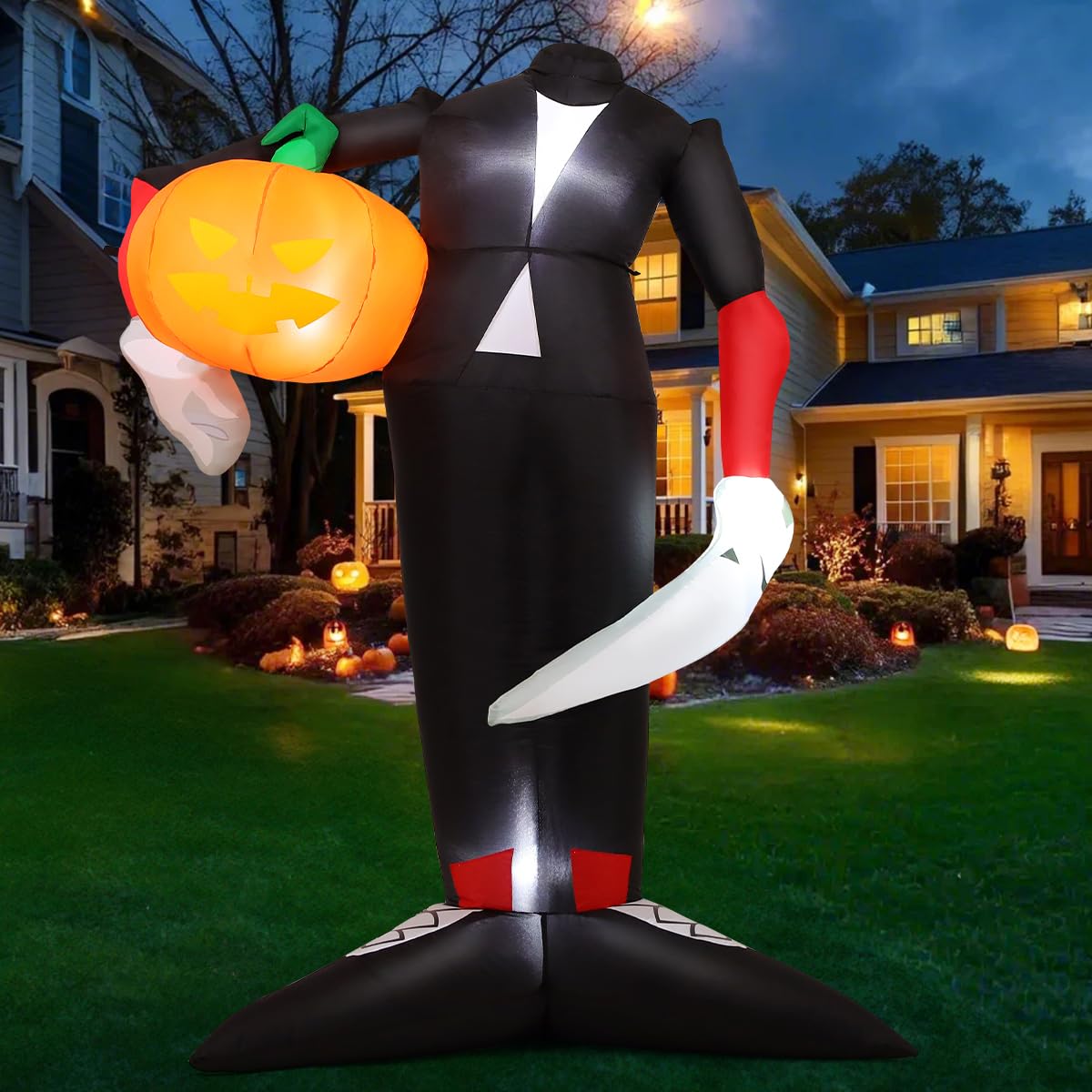 Photo 1 of COMIN 6.6 FT Tall Halloween Inflatables Pumpkin Headless Killer Outdoor Decoration Blow Up Holding Pumpkin Inflatable with Built-in LED Lights for Halloween Party Front Door Window Garden Decor