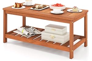 HAPPYGRILL Patio Coffee Table, Double-Tier Side Table with Solid Wood Structure, Slatted Tabletop & Shelf, Outdoor 2-Layer Re