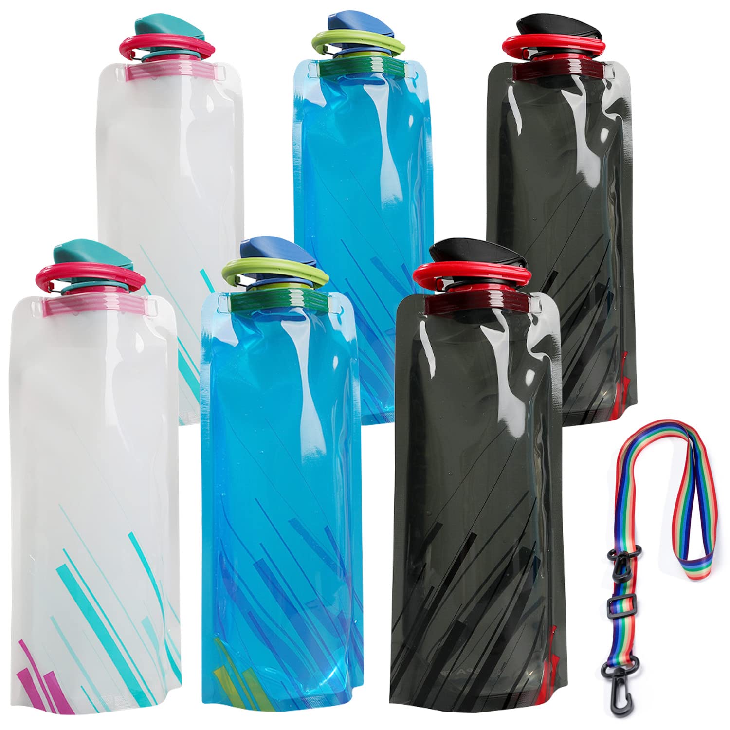 mellystore Foldable Water Bottle 700 ml Pack of 6 Reusable Foldable Water Bottle Festival Foldable Flexible Water Bottle with Carabiner for Hiking, Adventure, Travel,Blue,white
