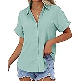 JEKAOYI Womens Button Down Shirts Cotton Linen Short Sleeve Blouses | Button up, Collared V Neck, Roll Up, Lightweight, Casual Spring Summer Vacation Tops