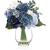 WELL KNOWN Fake Flowers in Vase with Fake Water, Artificial Flowers Indoor Arrangements, Faux Silk Blue Berry Rose Hydrangea Dining Table Centerpiece for Home Wedding Party Decor & Gift (Navy Blue)