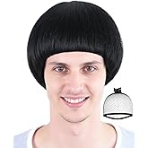 TIKJOYS (Wig Cap + Black Bowl Cut Wig for Men Short Synthetic Funny Mushroom Black Bob Wigs with Bangs for Adult 60s 70s 80s Short Funny Cosplay Wigs for Halloween Costume Party Anime Outfit