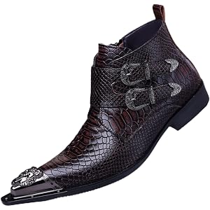 JingSMNX Men's Crocodile Pattern Leather Side Zipper Chelsea Boots Fashion Metallic Embellished Pointed Toe Block Heel Comfor