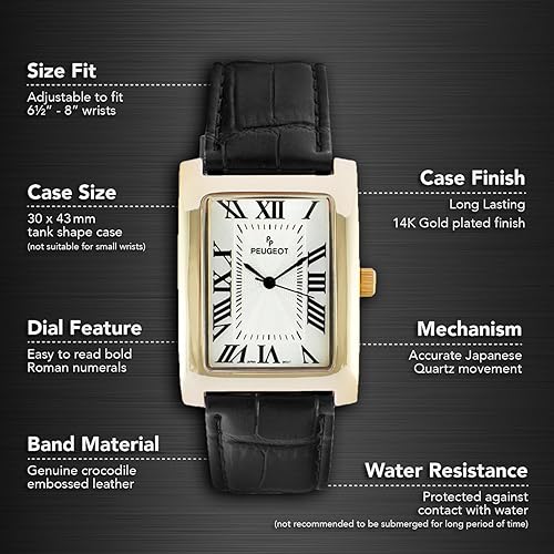 Peugeot Men’s Vintage Tank Shape 14K Gold Plated Wrist Watch with Roman  Numeral Dial