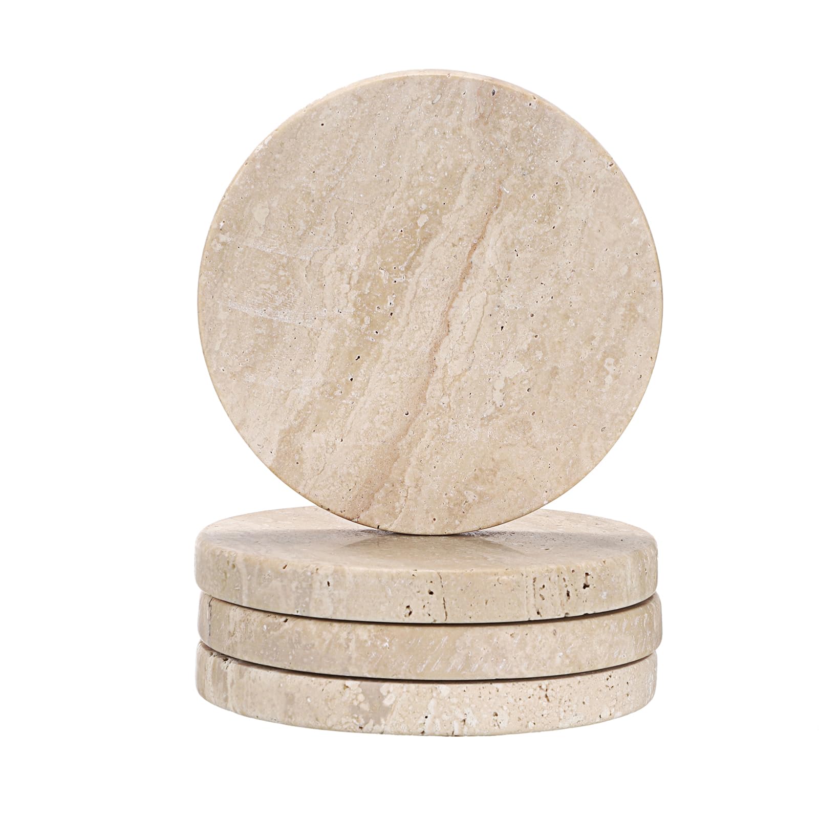 TOLIDA 4pcs 10 * 10cm Hexagonal Travertine Coasters with Soft Wood Pads - Natural Beige Marble Travertine Coasters, Travertine Stone Coasters for Drinks Coffees Cups, Home Office Decoration (Round)