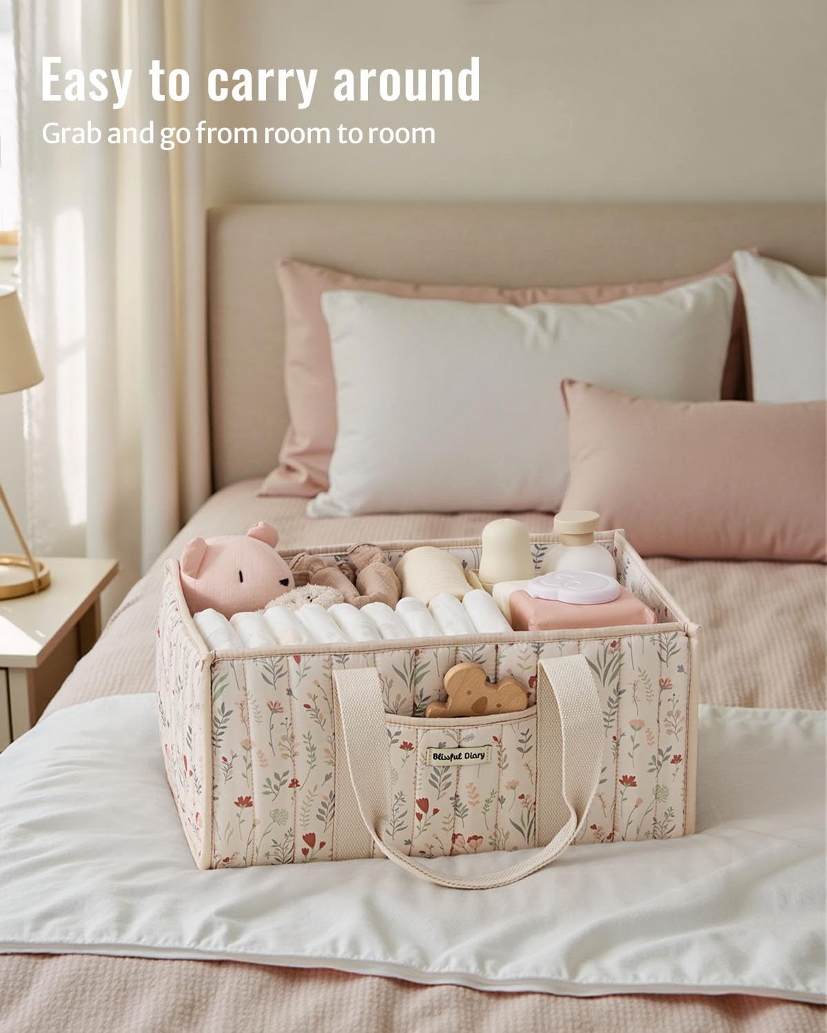 Blissful Diary Floral Diaper Caddy Organizer, Stylish Nursery Storage Basket, Gift for Baby Shower, Newborn Essentials, Floral Beige