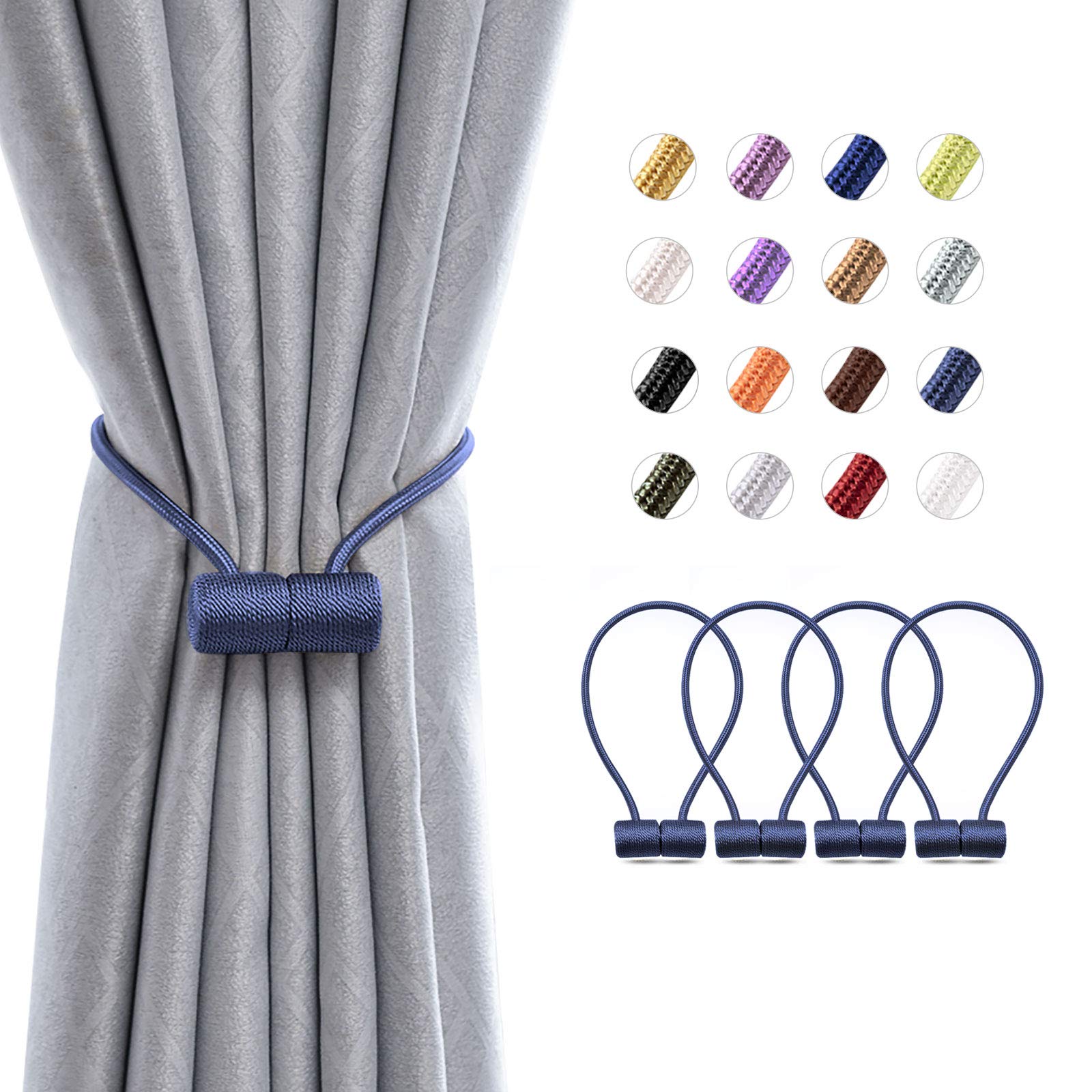 Pretty Jolly 4 Pack Magnetic Curtain Tiebacks 16 Inch Modern Handmade Weave Rope Curtain Holdbacks Convenient Decorative Curtain Drape Tie Backs for Home and Office Window Drapery (Navy)