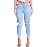 YMI Womens YMI Women's Junior Wannabettabutt Repreve Mid-Rise Ankle Jeans with Frayed Hem