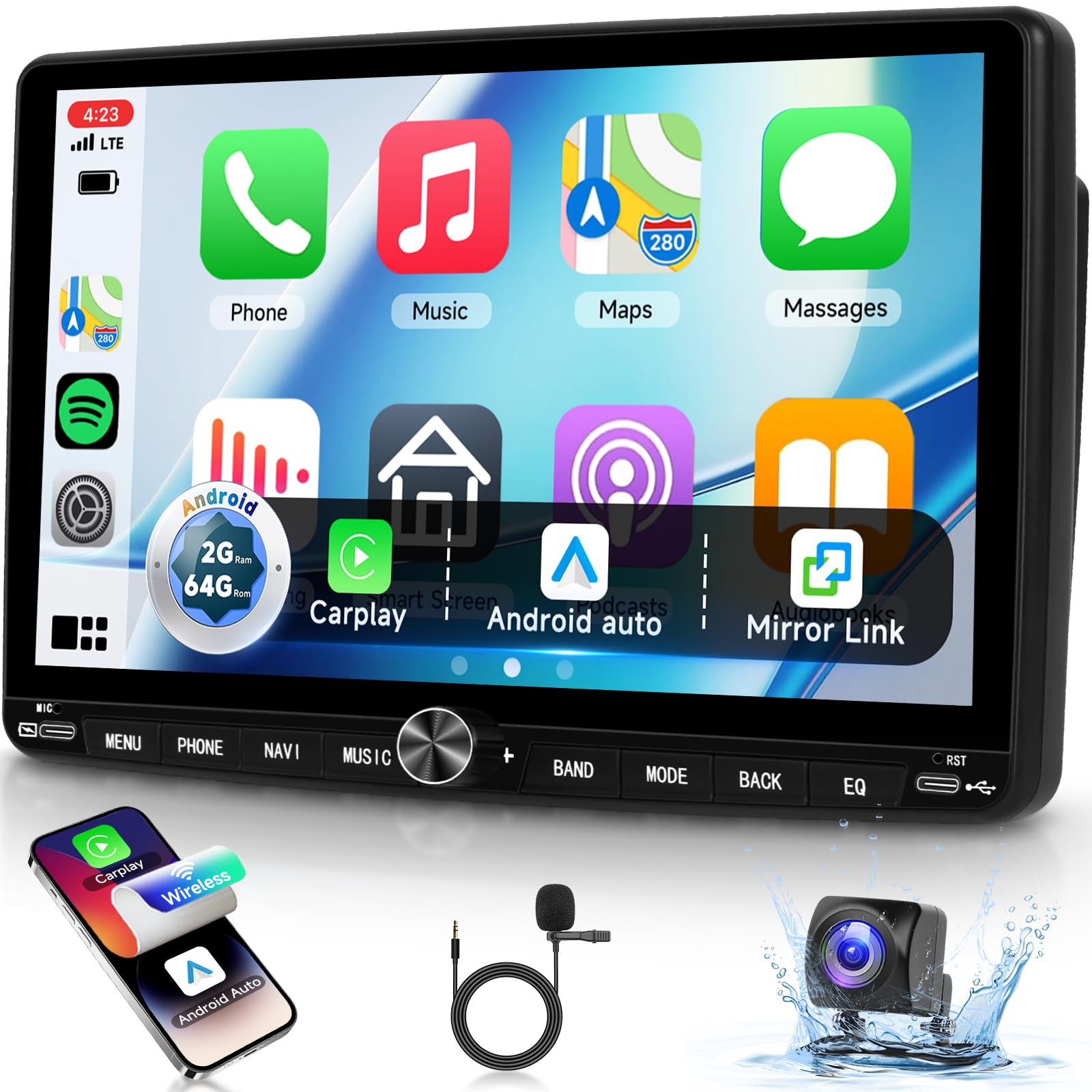 Photo 1 of [2G+64G] Android Car Stereo Double Din with Wireless Carplay Android Auto,Hodozzy 10.1 inch IPS Touchscreen Car Radio 2 din with GPS Bluetooth WiFi Mirror Link FM/RDS/DSP/DAB+/ Type-C/SWC/Camera