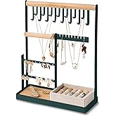 DreamGenius Jewelry Organizer Stand with Velvet Ring Holder, 4 Tier Jewelry Holder Organizer with 15 Hooks for Necklaces and 16 Holes for Earrings, Green