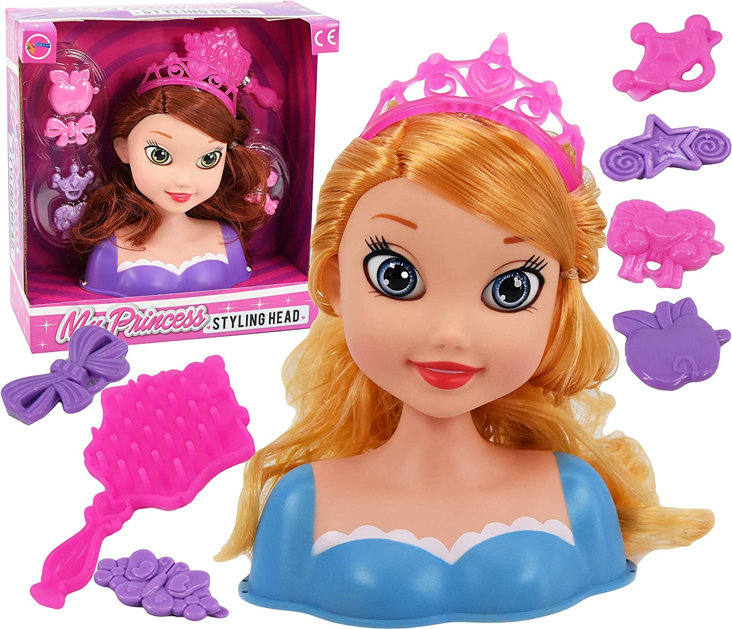 Atoz My Princess Styling Head Doll Set with Hair Accessories, Pink Crown and Hair Clips, 2 Styles