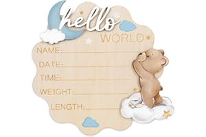 FYSUIMU Bear Theme Birth Announcement Sign Hello World Newborn Sign Cute Blue Bear Newborn Milestone Wooden Board for First B