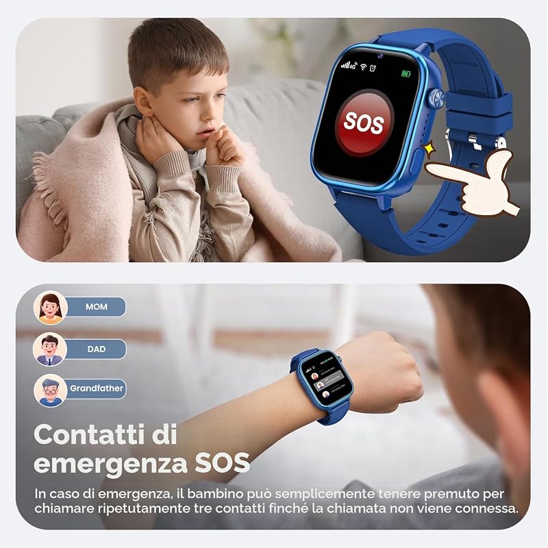 Nuovo 4G Smartwatch Bambini con Videochiamate & GPS, IP68 Impermeabile Smart Watch con SOS SMS Chat Vocale Modalità Scuola, Contapassi, Sveglia Monitoraggio del Sonno Regalo per Bambini e Bambine Blu — foto 5 di 7