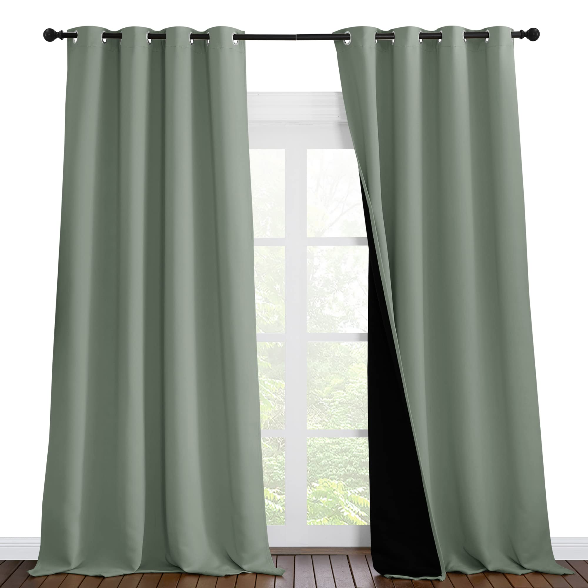 NICETOWN Full Shading Curtains 96 inches Long 2 Panels Set for Windows, Super Heavy-Duty Black Lined Blackout Curtains for Bedroom, Privacy Assured Window Treatment (Greyish Green, 55 inches W) Image