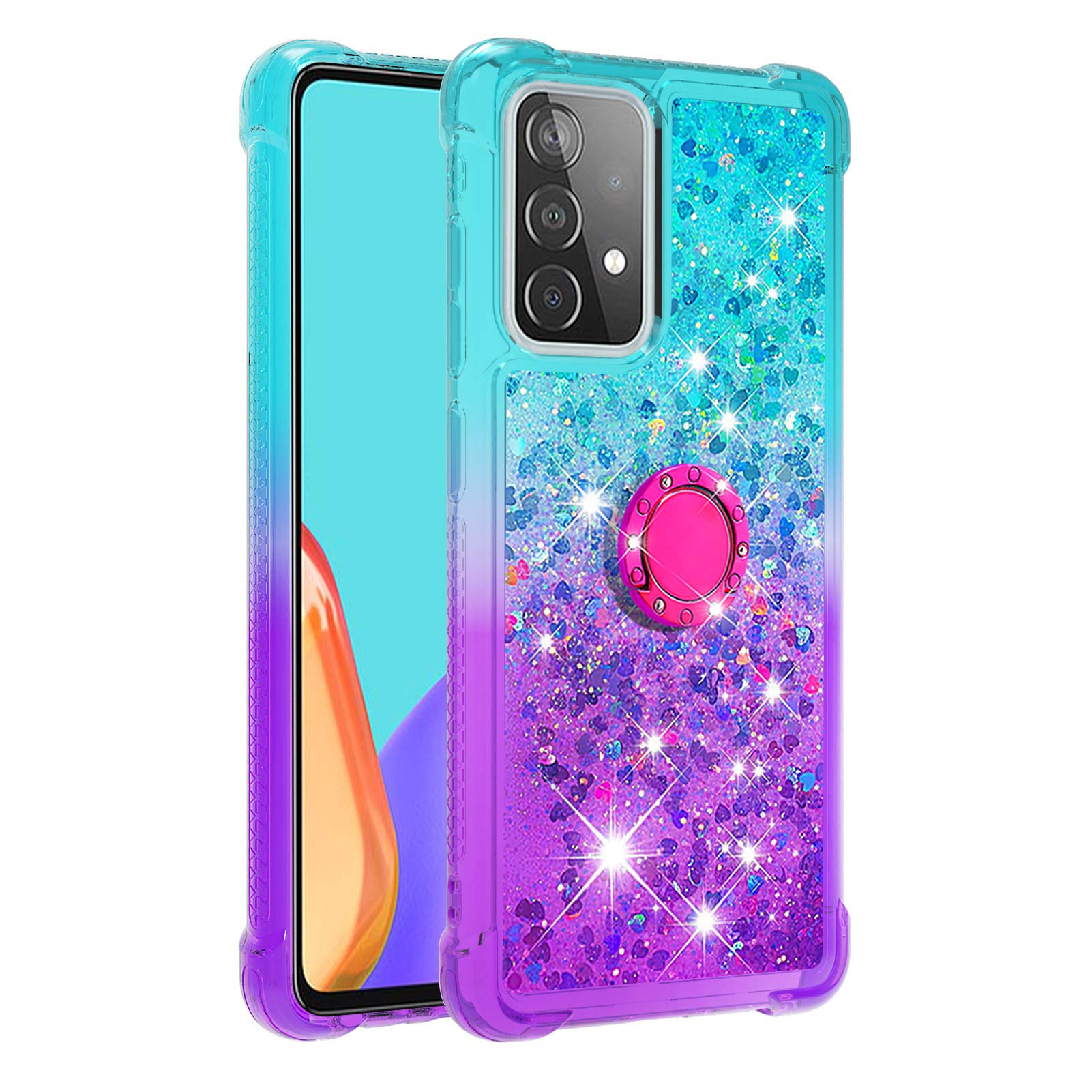 Samsung Galaxy A52 Case With Ring Kickstand, Cute Glitter Bling Sparkle Flowing Liquid Clear Silicone ShockProof Protective Cover for A52s 5G, Girls, Blue & Purple