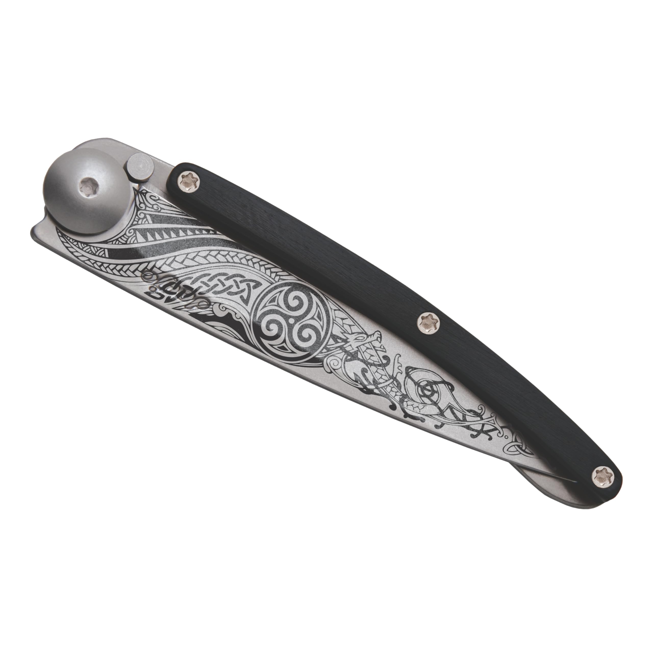 deejo – Klappbares Taschenmesser 27 g mit Gürtelclip – Griff aus Ebenholz, Klinge aus Edelstahl Z40C13 – Keltisches Motiv – Tischmesser, Wandern, Camping, Biwak 3