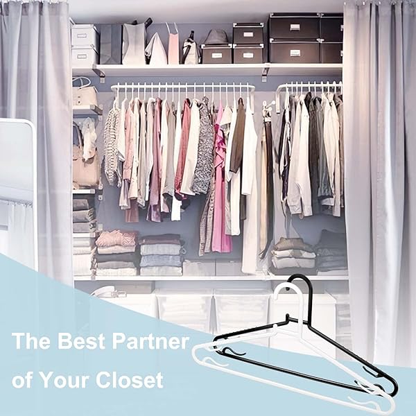 BYOMOSTOR BLACK PLASTIC HANGERS 50 PACK, LIGHT WEIGHT DURABLE CLOTHES HANGERS G-SHAPE STANDARD SIZE NON-SLIP COAT HANGER ADULT CLOTHES HANGERS FOR LAUNDRY & EVERYDAY USE -SLIM & SPACE SAVING