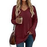 Oakgarden Women's Waffle Long Sleeve Tops, Oversized V Neck Knit Shirts Casual Fall Pullover Sweaters Loose Fit Tunic Tshirts