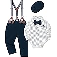 YALLET Baby Boy Clothes Set Infant Tuxedo Long Sleeve Gentleman Suit Outfits + Beret Hat + Suspender Pants + Bowtie 0-18M