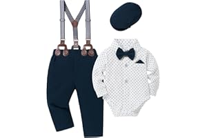 YALLET Baby Boy Clothes Set Infant Tuxedo Long Sleeve Gentleman Suit Outfits + Beret Hat + Suspender Pants + Bowtie 0-18M