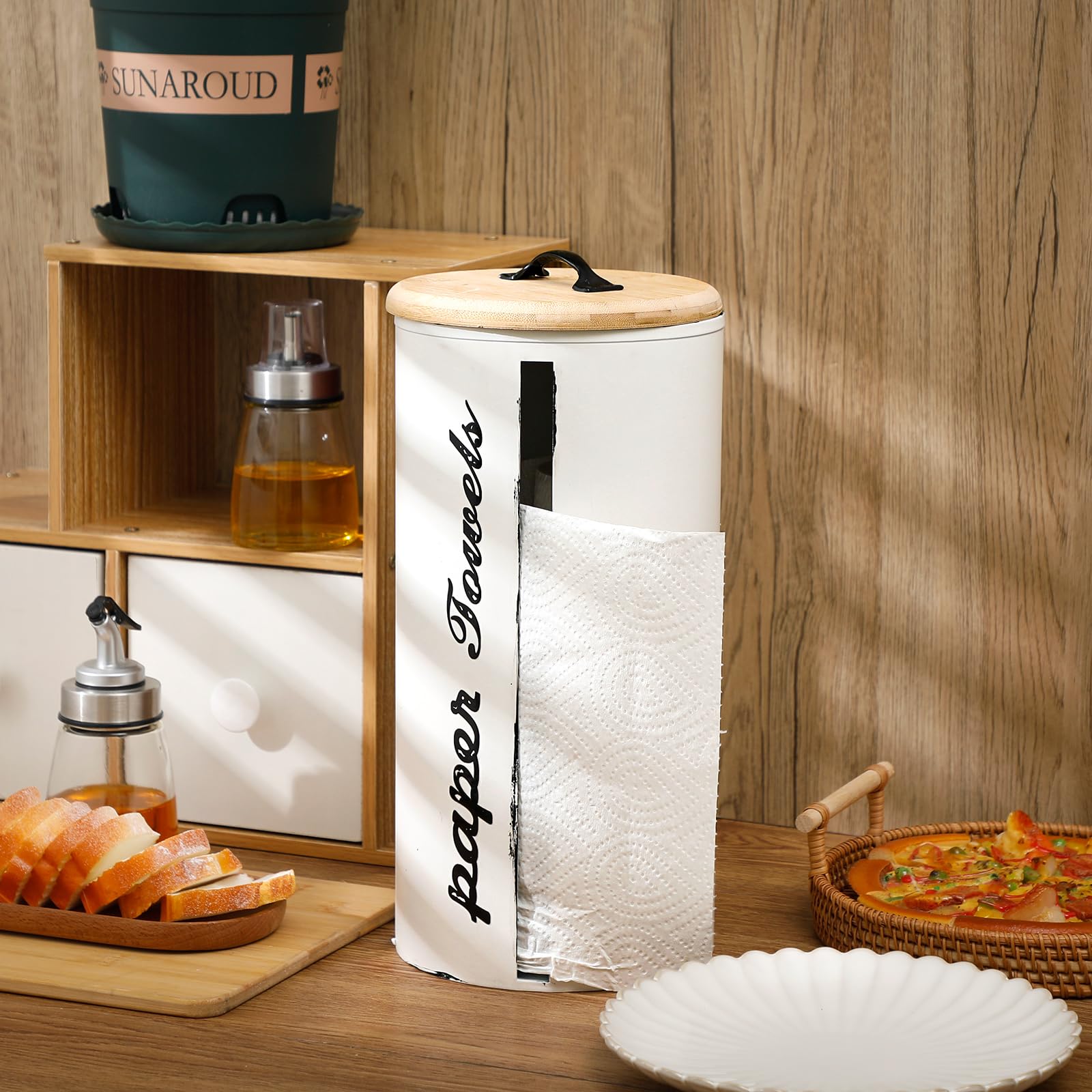 Photo 1 of Yoande Farmhouse Christmas Paper Towel Holder Metal Countertop Paper Towel Dispenser with Wooden Lid Rustic Holder White for Home Kitchen Bathroom Country 6.3 x 6.3 x 13.4''