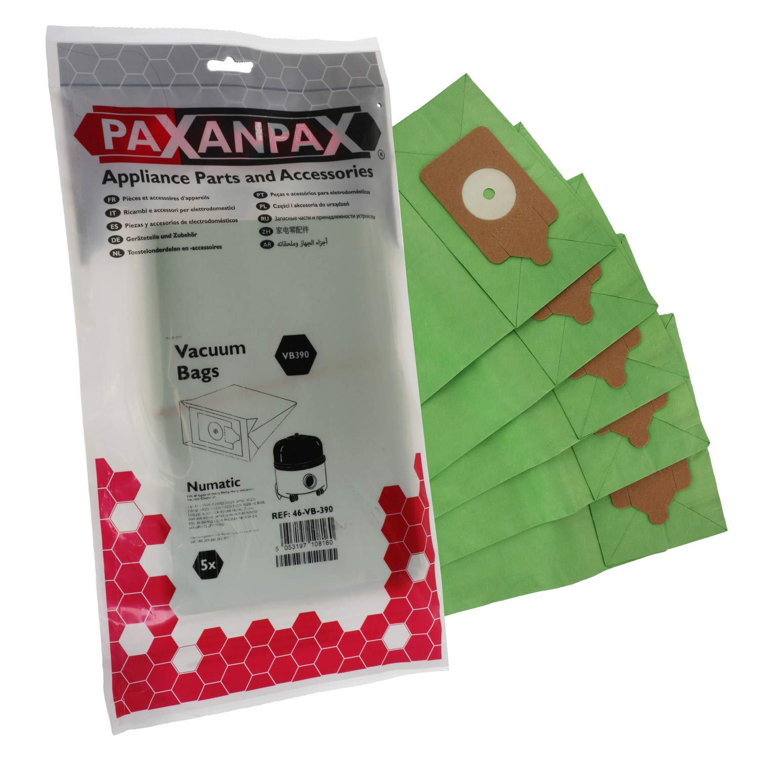 Paxanpax VB390 Compatible Paper Bags Numatic 'NVM-1B/NVM-1C' Henry Series (Pack of 5)