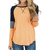 Hilltichu Womens Color Block Round Neck Tunic Tops Casual Long Sleeve Shirt Blouse