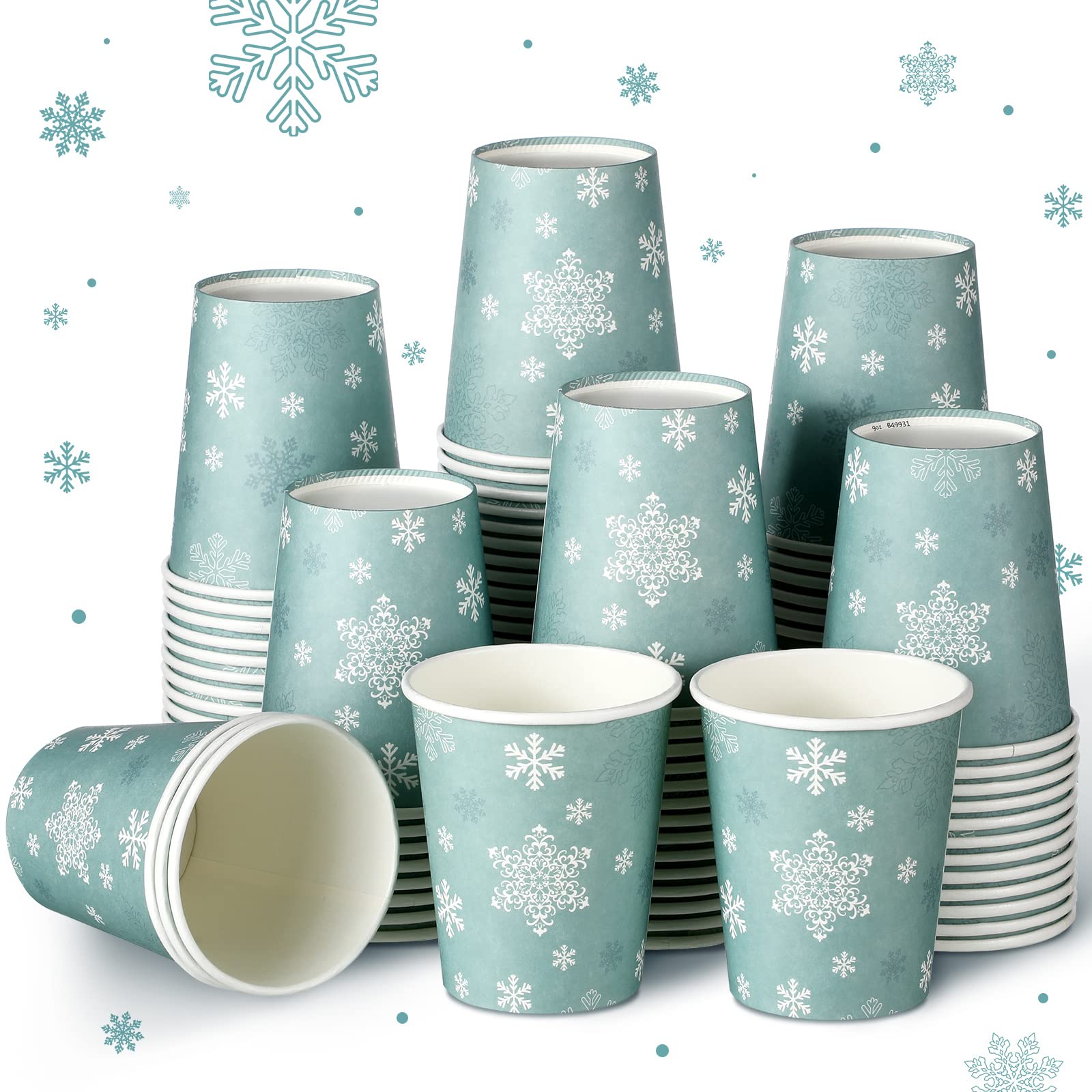 Photo 1 of 100 Pcs 9oz Christmas Snowflake Paper Cups Disposable Hot Coffee Cups Paper for Christmas Winter Birthday Party Supplies