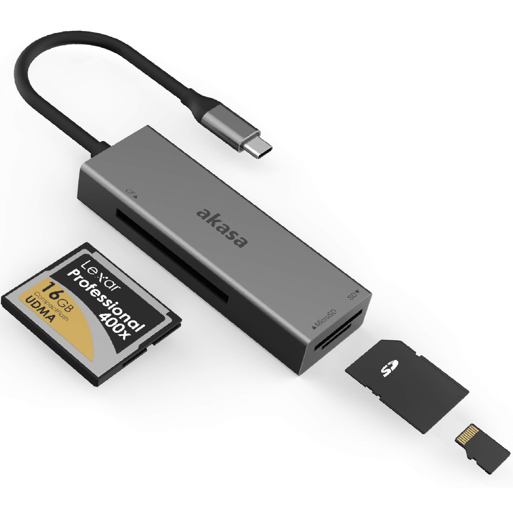 Akasa USB 3.2 Type-C 3-in-1 Card Reader | Aluminium Card Adapter | USB C Card Reader | 5Gb/s Data Transfer | Space Grey | Tech for Techs Recommended | Design for Micro SD/SD/CF | AK-CR-09BK