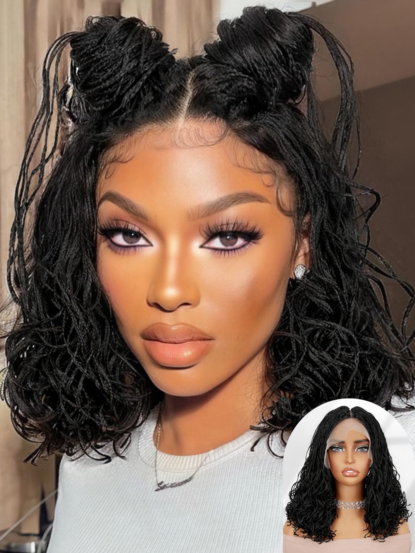 Photo 1 of FANCEE Curly Braid Full Lace Wig Double Full Lace 14 Inch Curly Wavy Micro Box Braided Bob Wig with Baby Hair Pre Plucked Knotless Squrare Part Mini Braid Wig for Black Women