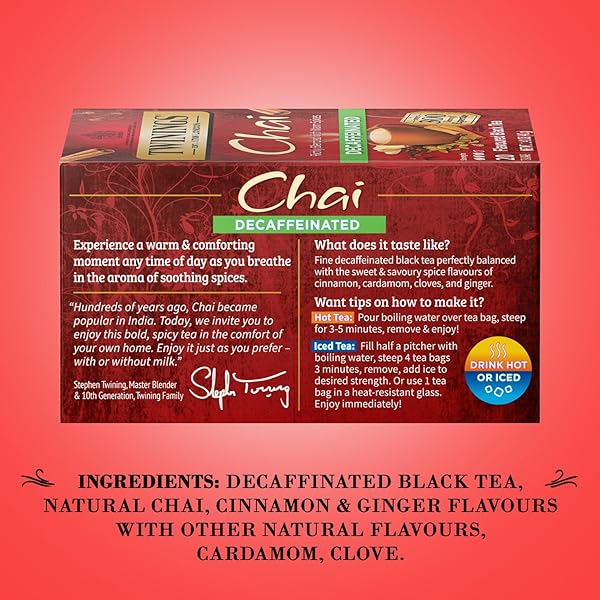 TWININGS DECAFFEINATED CHAI TEA, BLACK TEA BLEND WITH CINNAMON, GINGER, CARDAMON, CLOVES FOR A SWEET AND SPICY FLAVOR, 20 COUNT