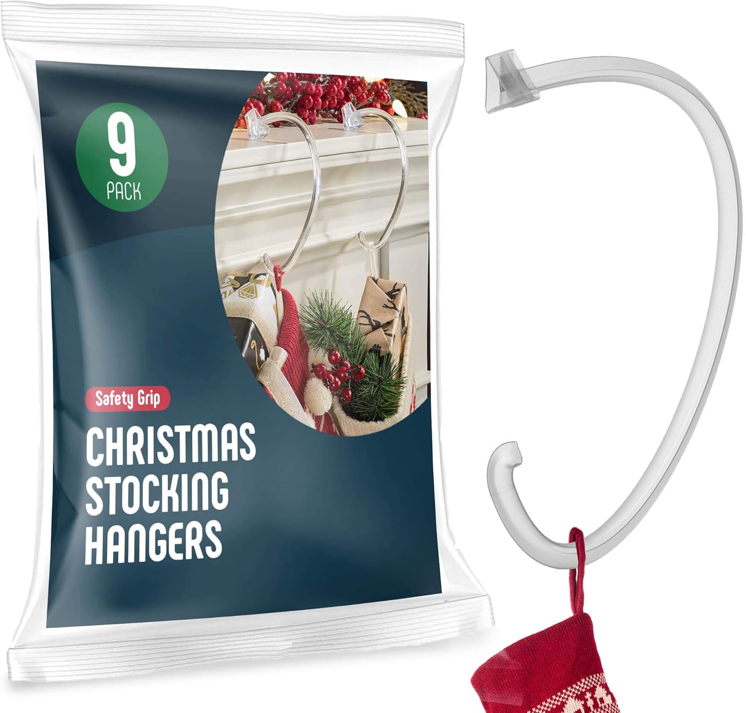 Christmas Stocking Holders For Mantle - [Set of 9] Stocking Hangers For Mantel - Safety Grip Stocking Hangers For Fireplace, Mantle Stocking Hooks - Safety-Grip - Made in the USA - No Tools Required