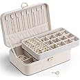 Vlando Jewelry Box Organizer for Women Girls, 2 Layer Jewelry Case with Lock,Jewelry Storage Earrings Necklace,Rings,Gift Box Packaging,Wedding Birthday Gifts Beige