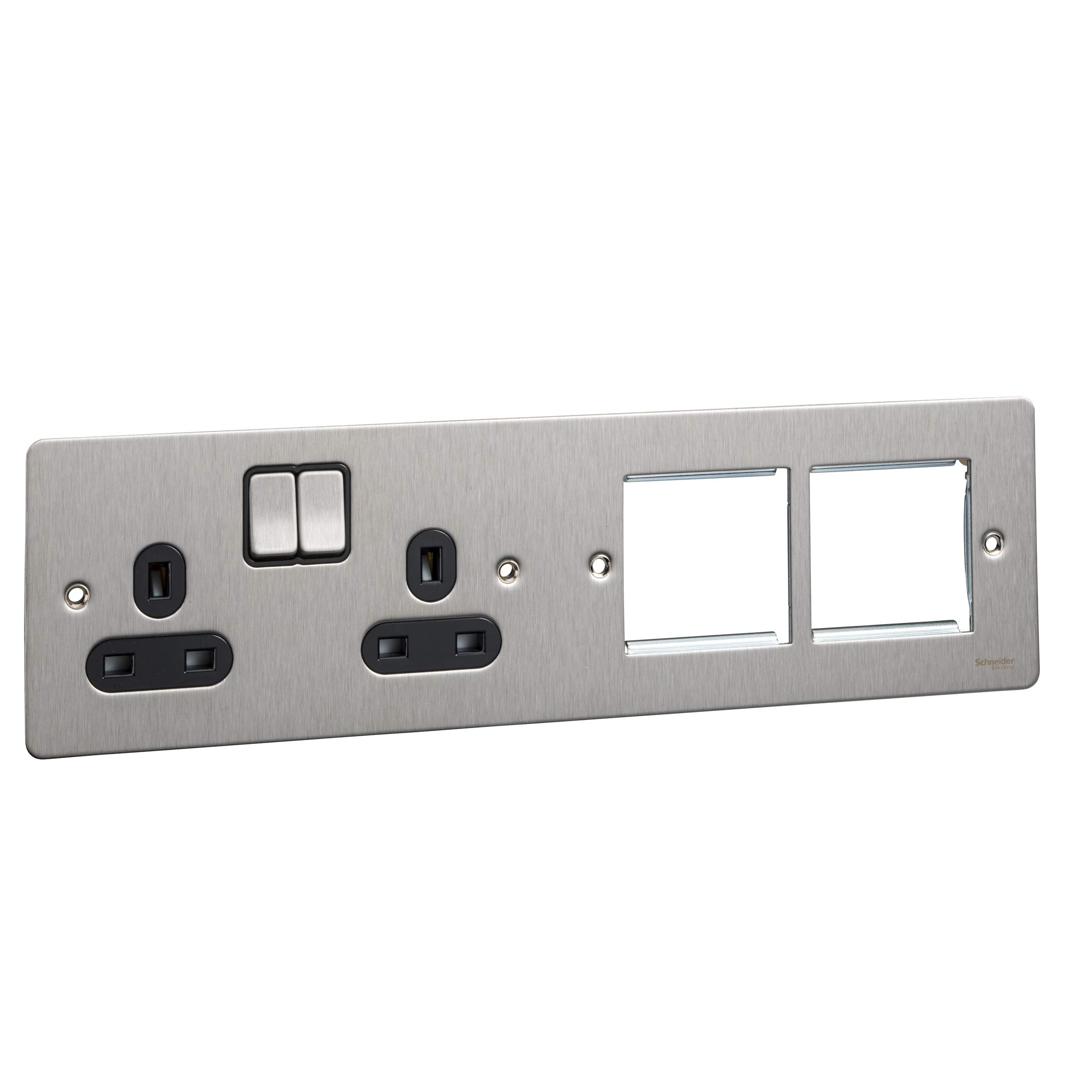 Schneider Electric Ultimate Flat Plate - Switched Double Power Socket, Double Pole with Combination Media Plate, GU32202DMPBSS, Stainless Steel with Black Insert
