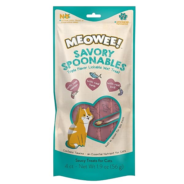 MEOWEE! SAVORY SPOONABLES WITH REAL SALMON, TUNA AND KRILL FOR CATS, 4 COUNT, TREAT YOUR CAT TO TRIPLE FLAVOR SQUEEZABLE LICKABLE WET TREATS WITH BUILT-IN SPOON FOR LESS MESS