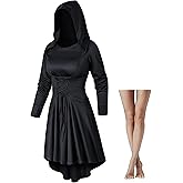 Womens Base Vintage High Low Pullover Medieval Hooded Robe Cloak Dress Costumes Cosplay Net Leggings Set